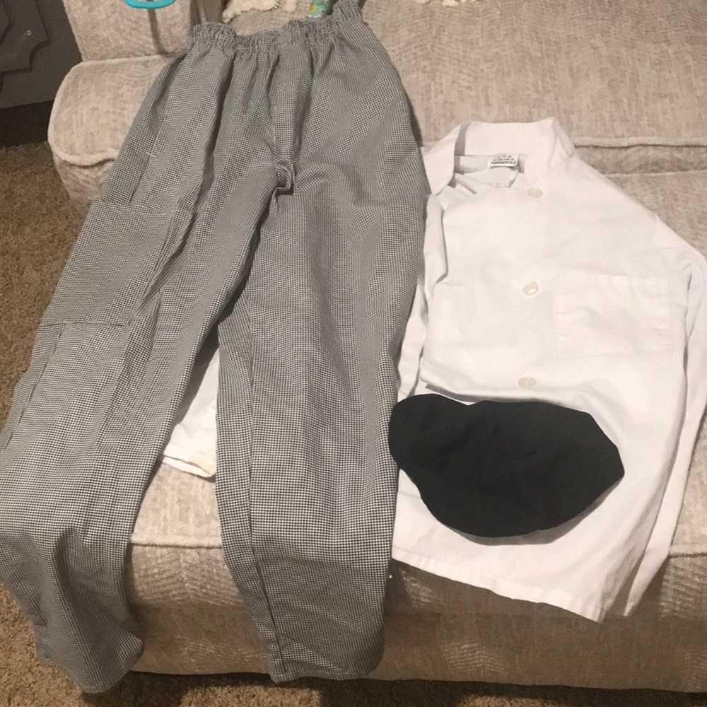 Chef outfit. Includes jacket, pants, scarf, cap.